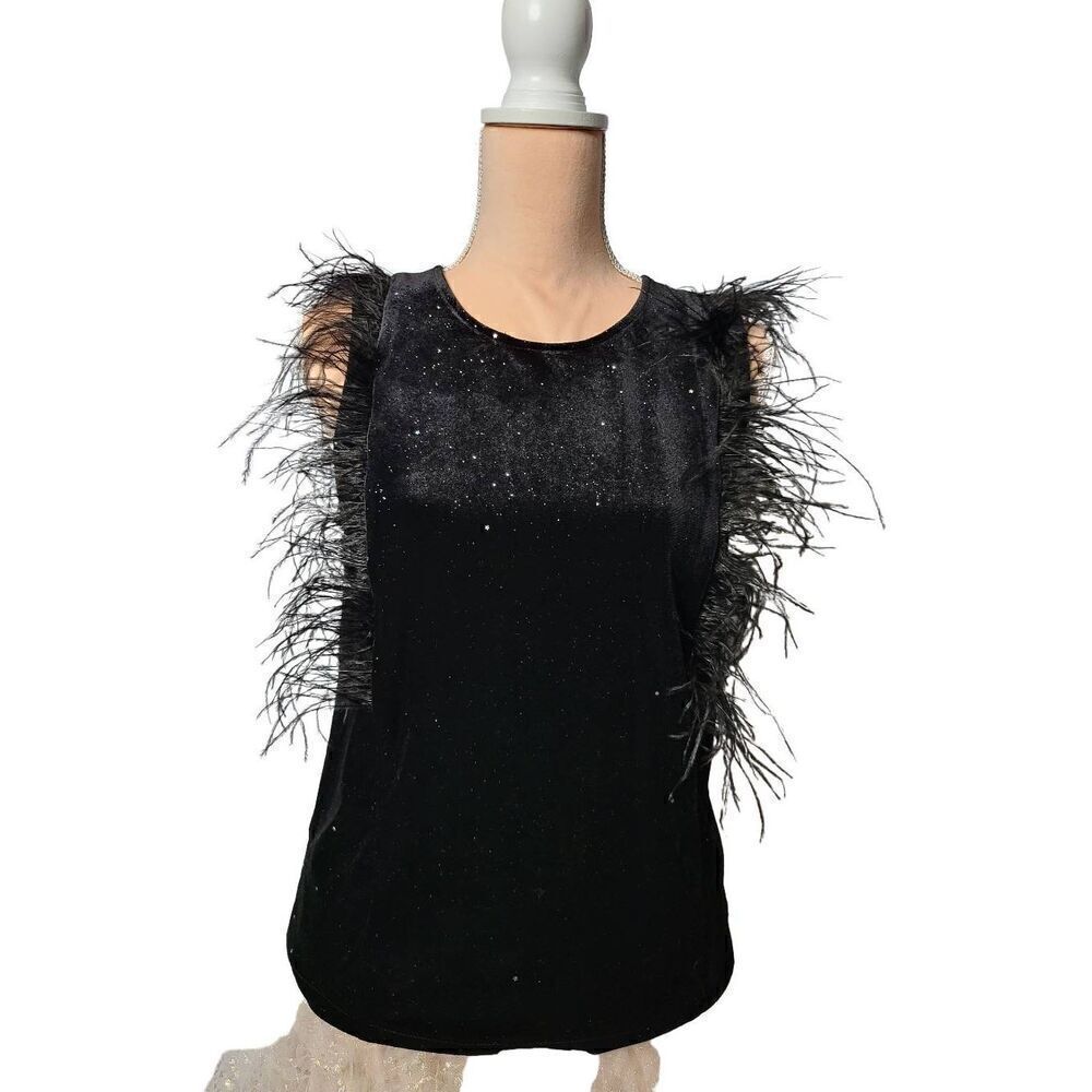 Eva Franco Glitter Velvet with Feather Trim Tank